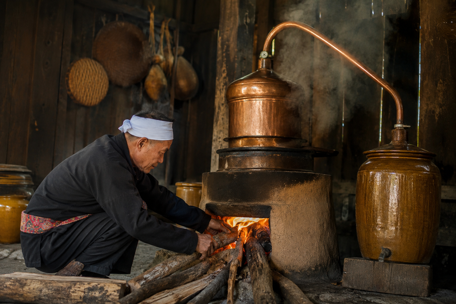 Chưng cất rượu men lá bằng bếp củi