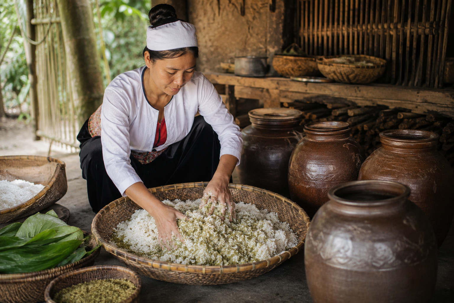Ủ cơm rượu bằng men lá truyền thống